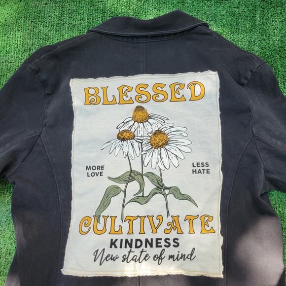 "Cultivate Kindness" Upcycled Black Denim Jacket - Picture 2 of 9